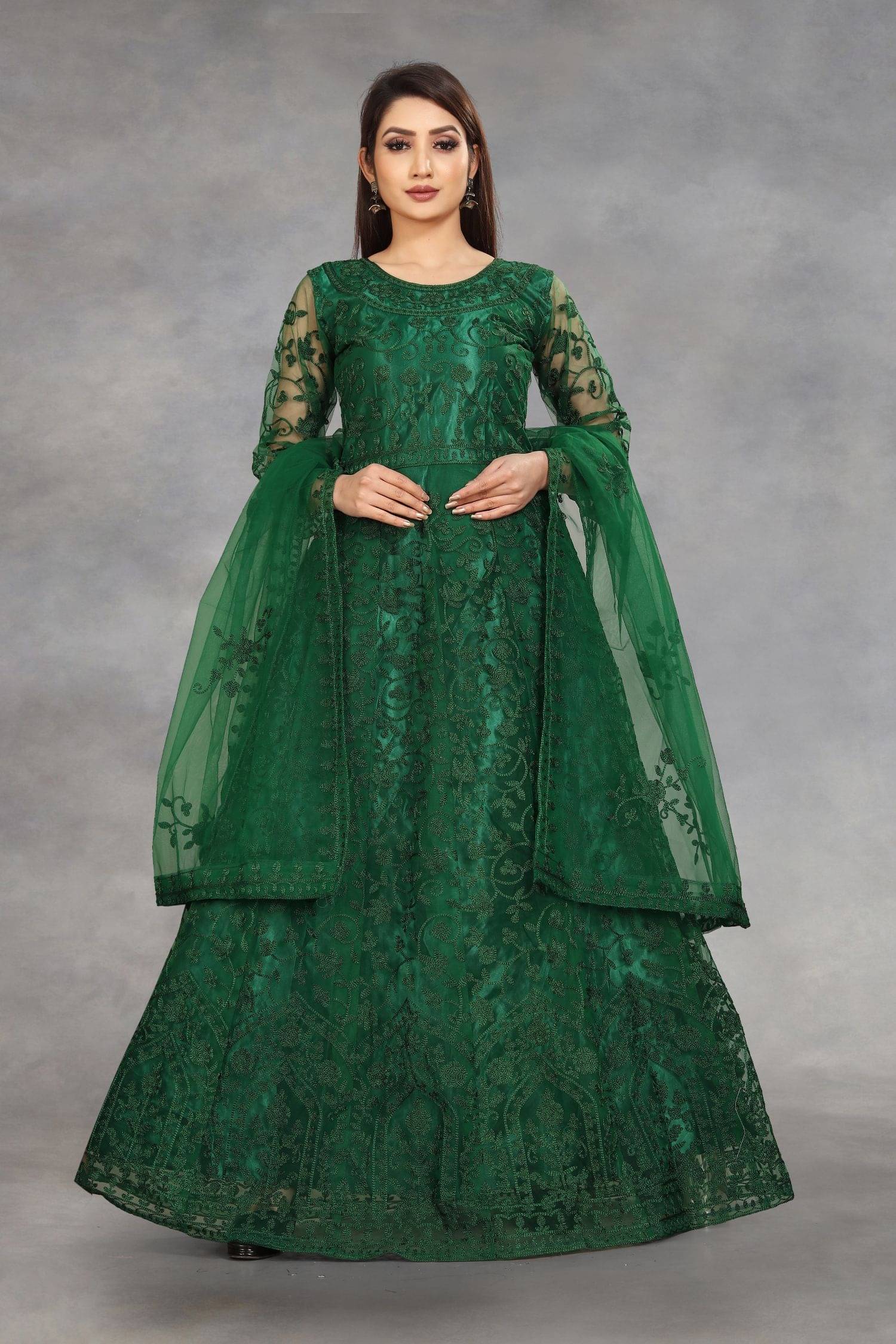 JULEE - Green Flared Net Women's Semi Stitched Ethnic Gown ( Pack of 1 )     			JULEE - Green Flared Net Women's Semi Stitched Ethnic Gown ( Pack of 1 )