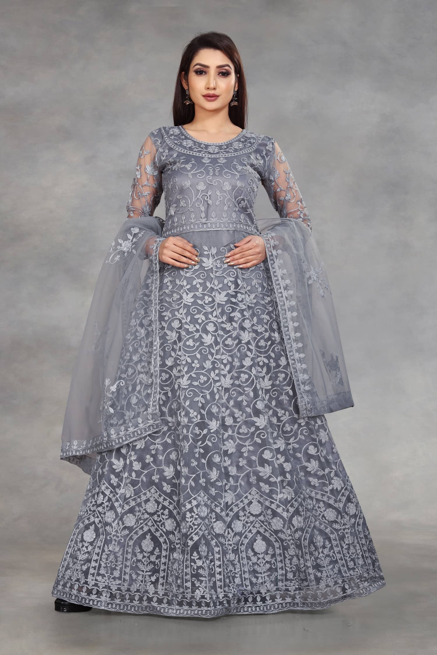 JULEE - White Flared Net Women's Semi Stitched Ethnic Gown ( Pack of 1 ) - Unstitched Fabrics | Buy online on ZillyBuy