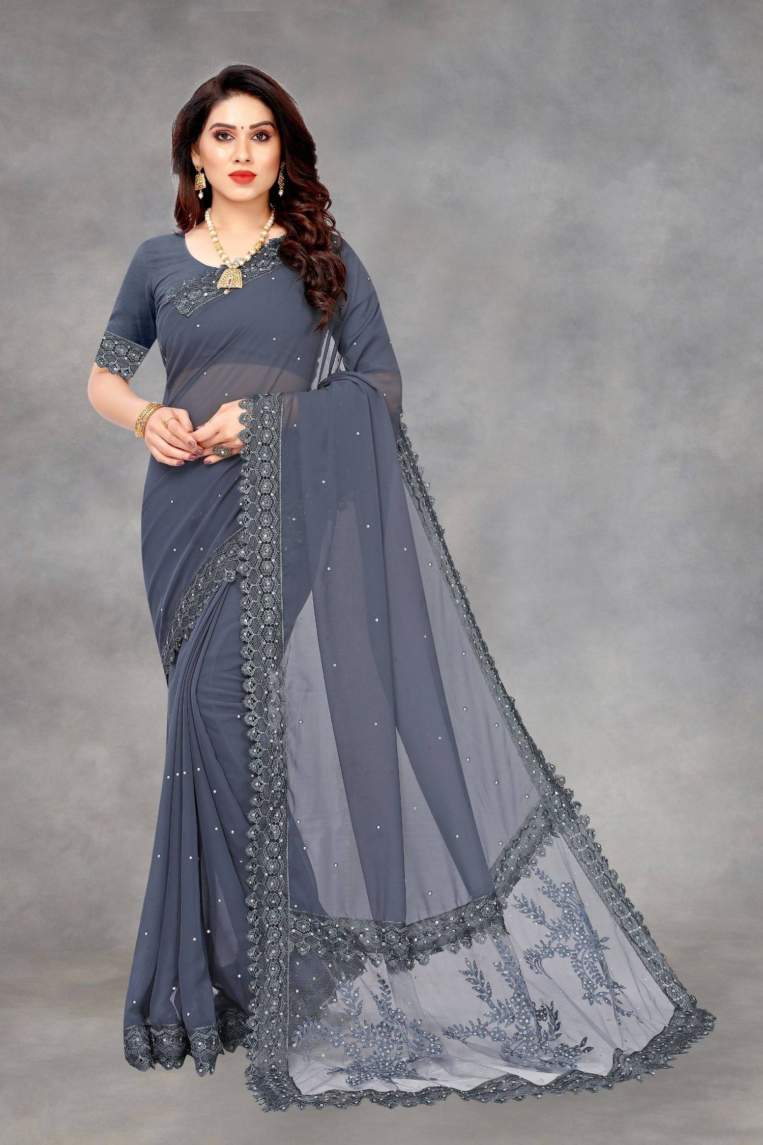 JULEE Georgette Embellished Saree With Unstitched Blouse Piece ( Grey ) JULEE Georgette Embellished Saree With Unstitched Blouse Piece ( Grey )