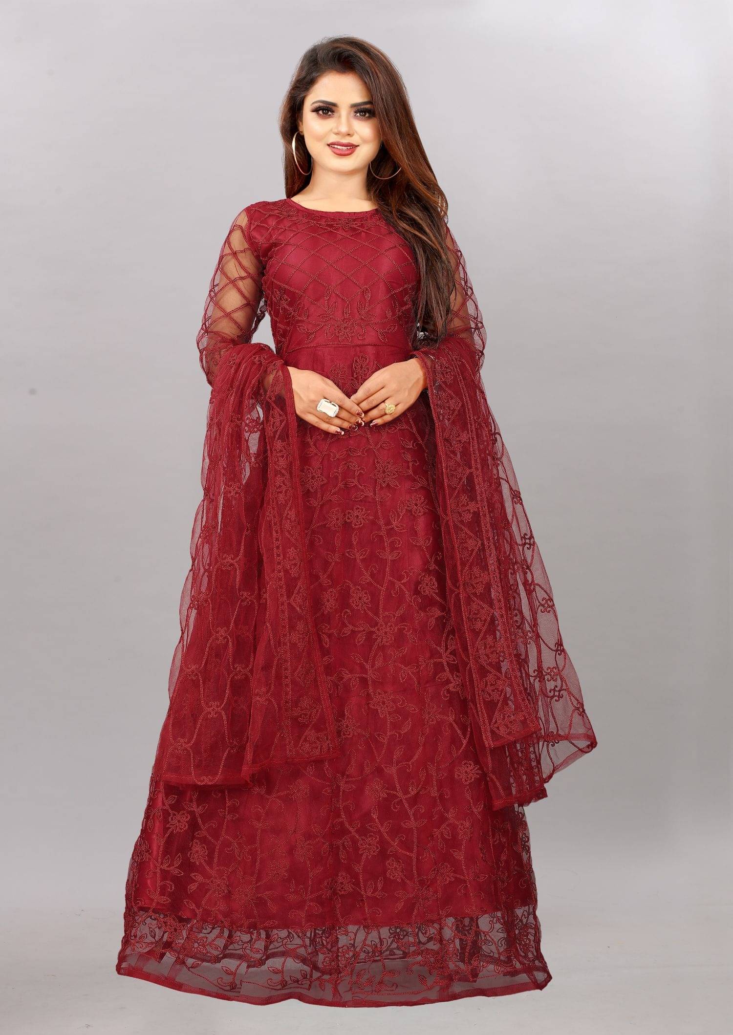     			JULEE - Maroon Flared Net Women's Semi Stitched Ethnic Gown ( Pack of 1 )