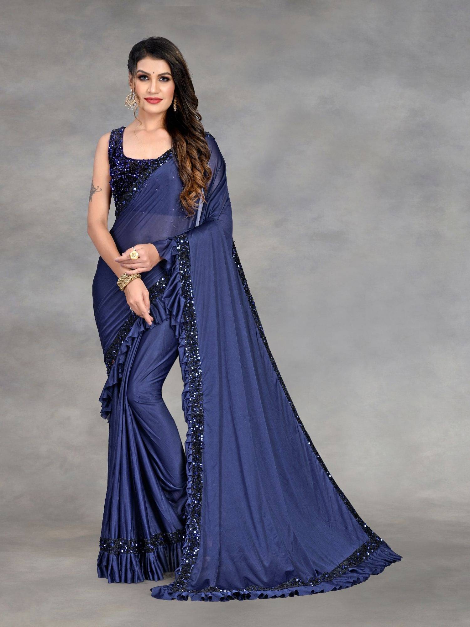 JULEE Lycra Embellished Saree With Unstitched Blouse Piece ( Navy Blue ) JULEE Lycra Embellished Saree With Unstitched Blouse Piece ( Navy Blue )