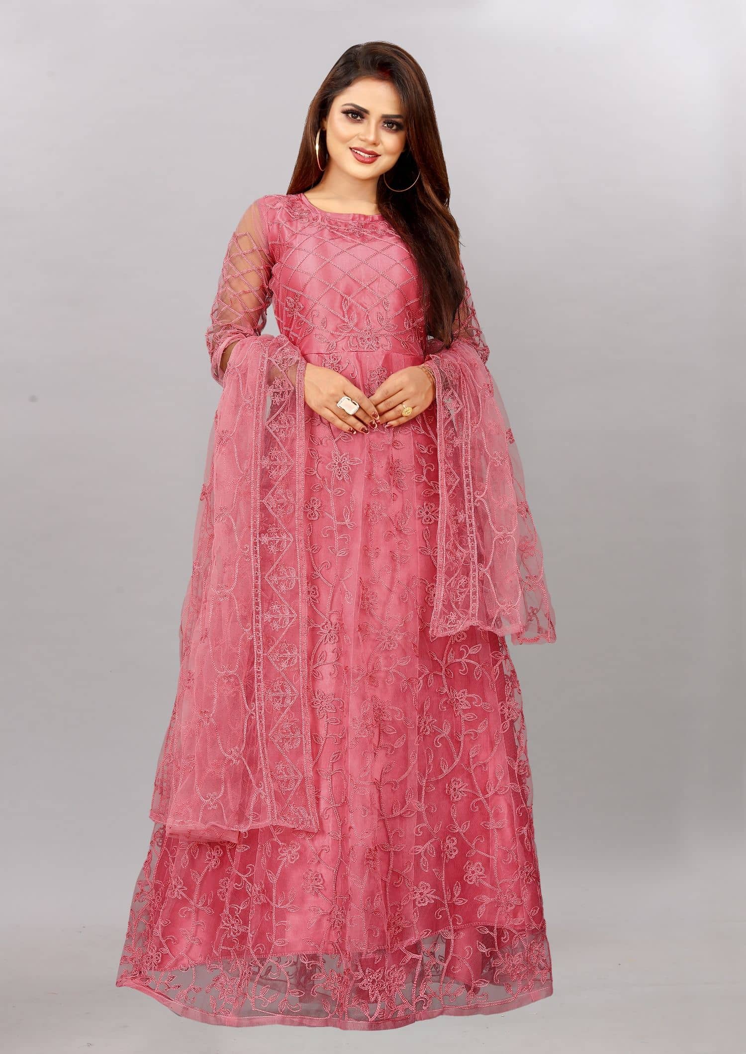 JULEE - Peach Flared Net Women's Semi Stitched Ethnic Gown ( Pack of 1 ) - Unstitched Fabrics | Buy online on ZillyBuy