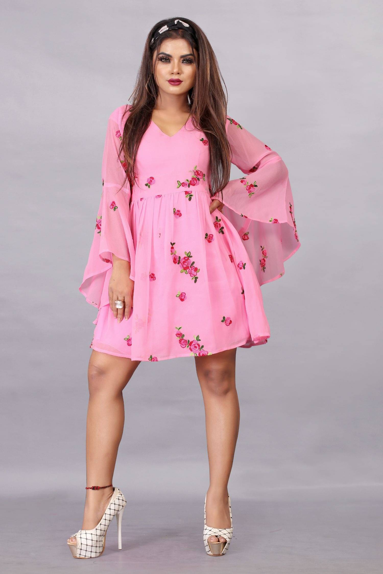     			JULEE Women Georgette Printed Fit & Flare Dress ( Pink )