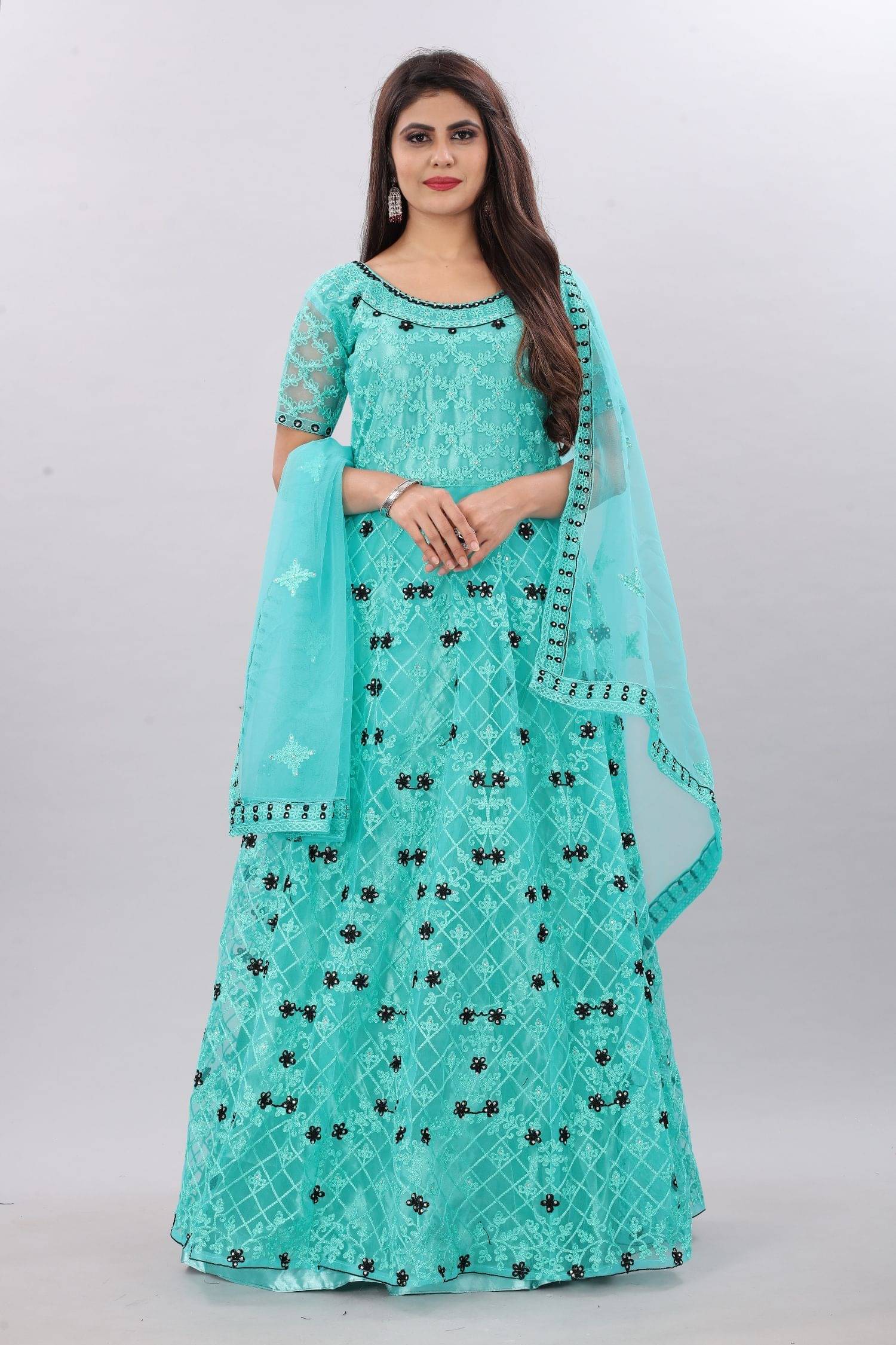 JULEE - Turquoise Flared Net Women's Semi Stitched Ethnic Gown ( Pack of 1 )     			JULEE - Turquoise Flared Net Women's Semi Stitched Ethnic Gown ( Pack of 1 )