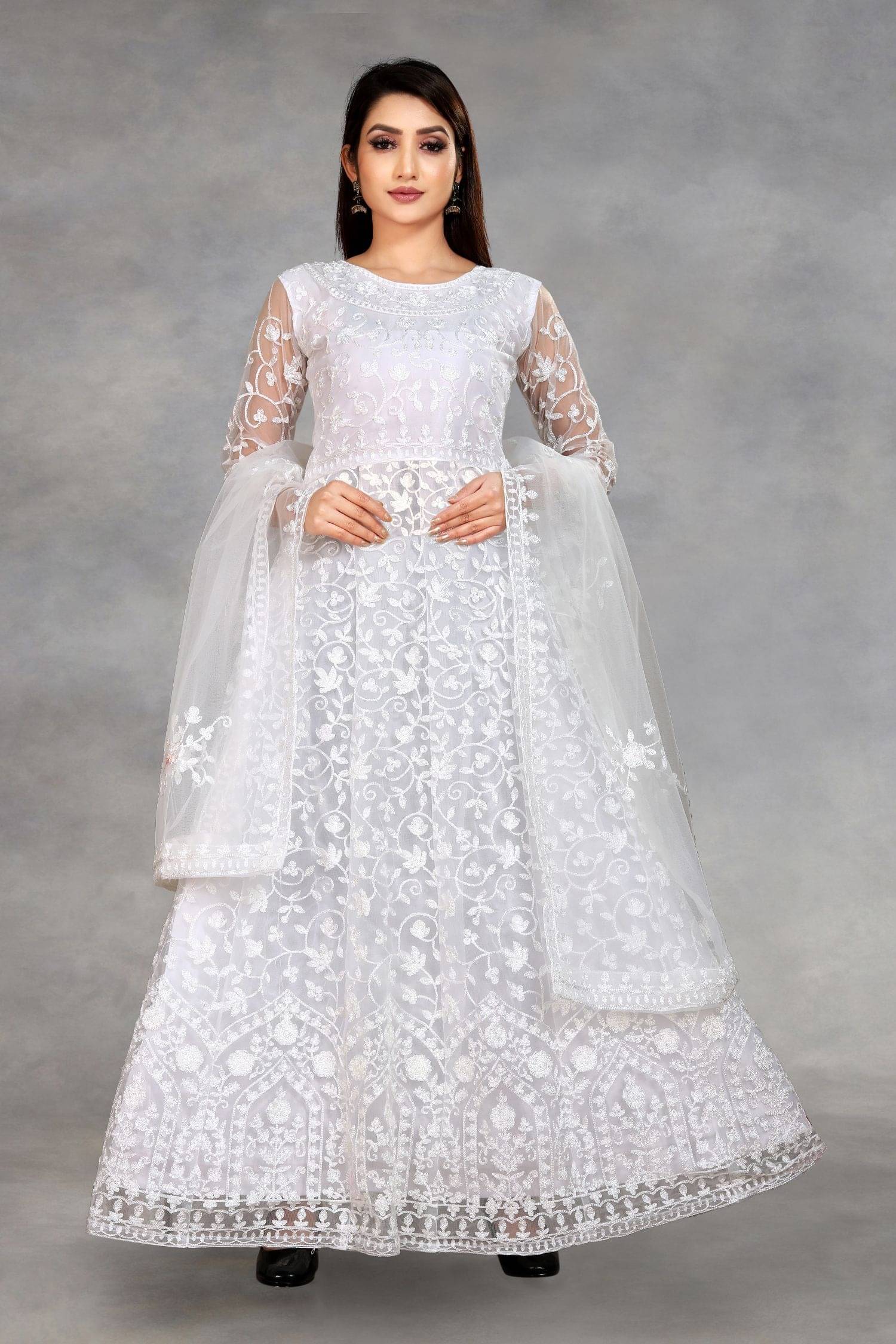 JULEE - White Flared Net Women's Semi Stitched Ethnic Gown ( Pack of 1 ) JULEE - White Flared Net Women's Semi Stitched Ethnic Gown ( Pack of 1 )