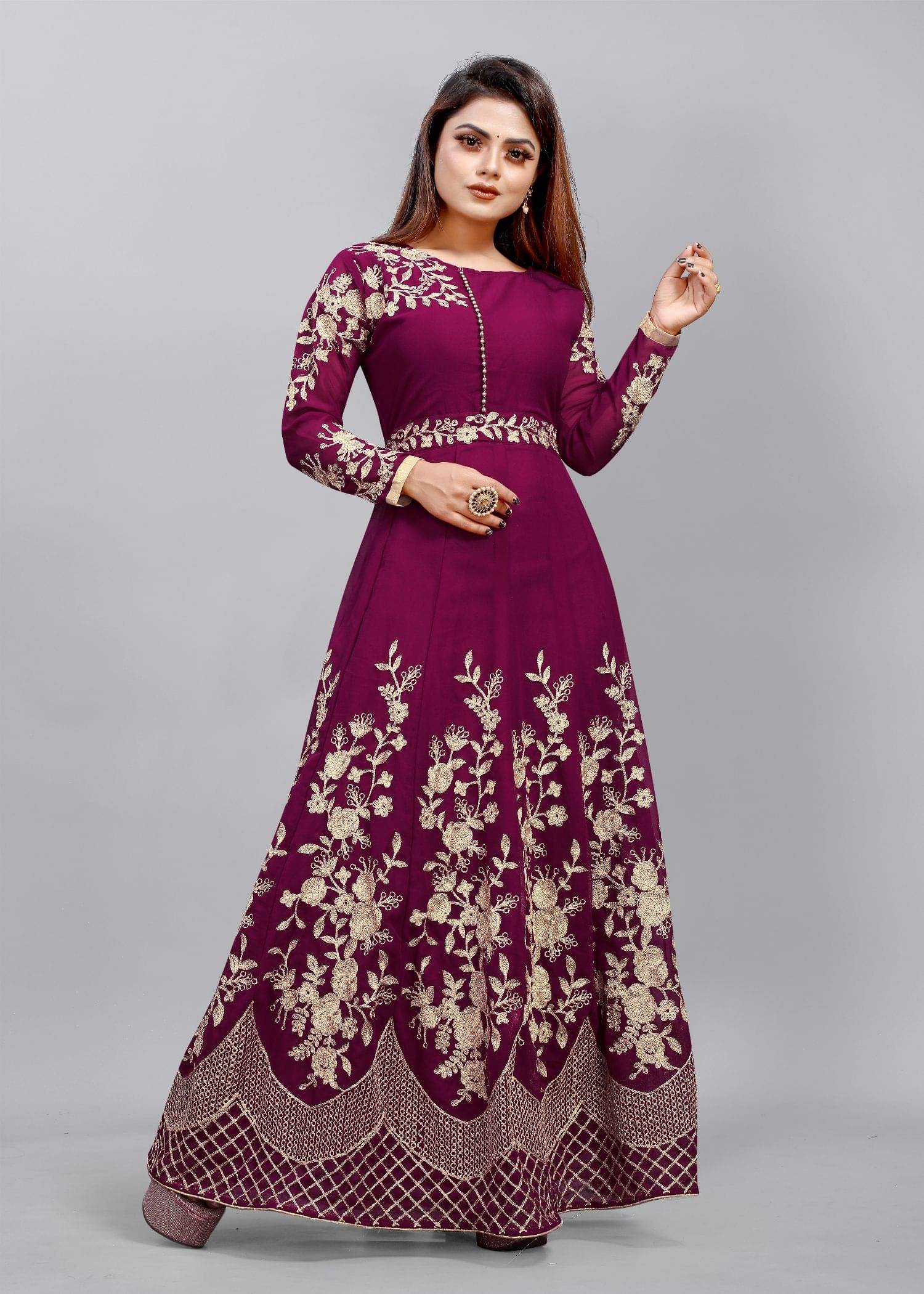 JULEE - Wine Flared Net Women's Semi Stitched Ethnic Gown ( Pack of 1 ) JULEE - Wine Flared Net Women's Semi Stitched Ethnic Gown ( Pack of 1 )