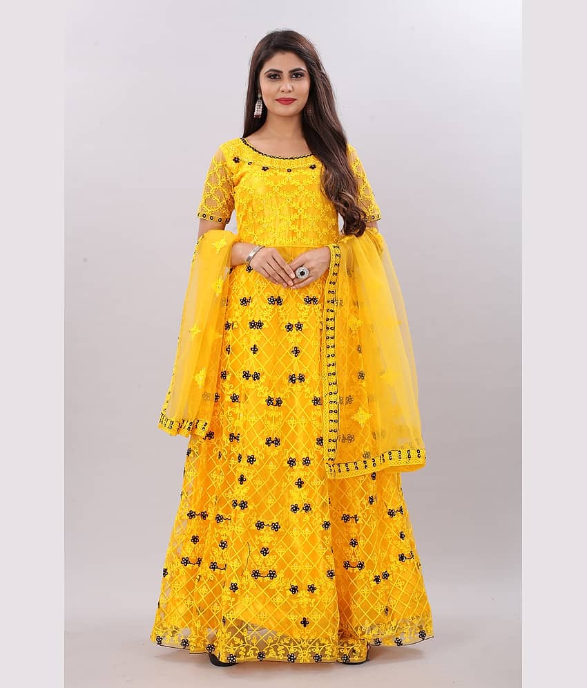 JULEE - Yellow Flared Net Women's Semi Stitched Ethnic Gown ( Pack of 1 ) - Unstitched Fabrics | Buy online on ZillyBuy