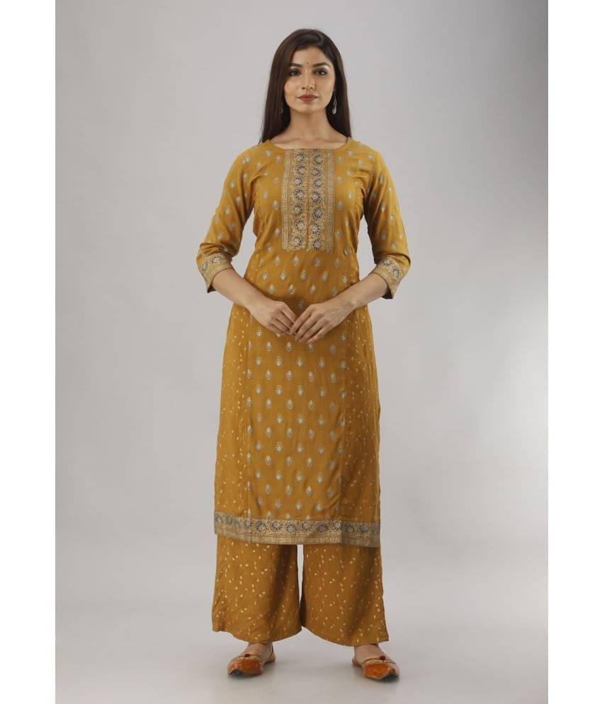MAUKA - Gold Straight Rayon Women's Stitched Salwar Suit ( Pack of 1 ) MAUKA - Gold Straight Rayon Women's Stitched Salwar Suit ( Pack of 1 )
