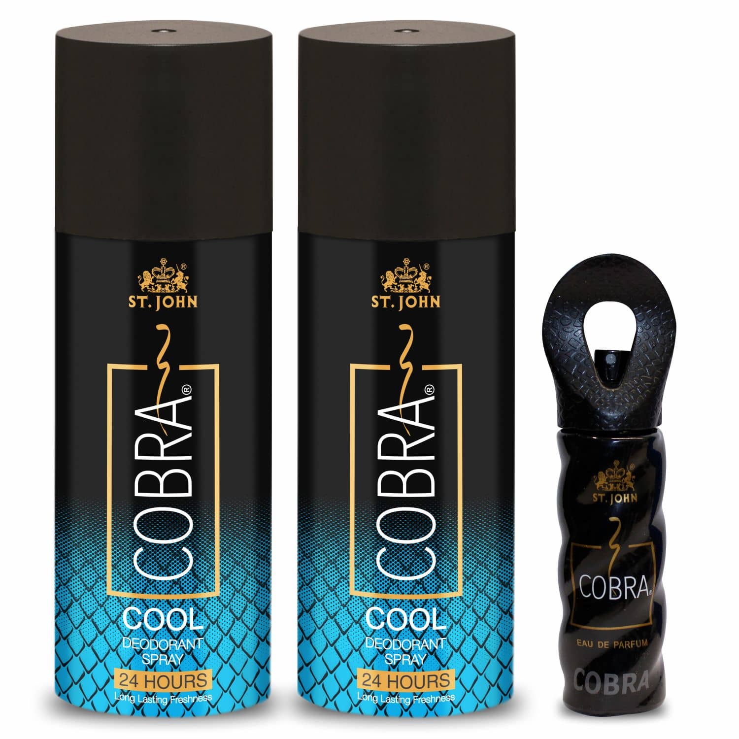 ST.JOHN Cobra Deo Cool 150ml*2 & Cobra 15ml Deodorant Spray & Perfume for Men (315ml) - Pack of 3