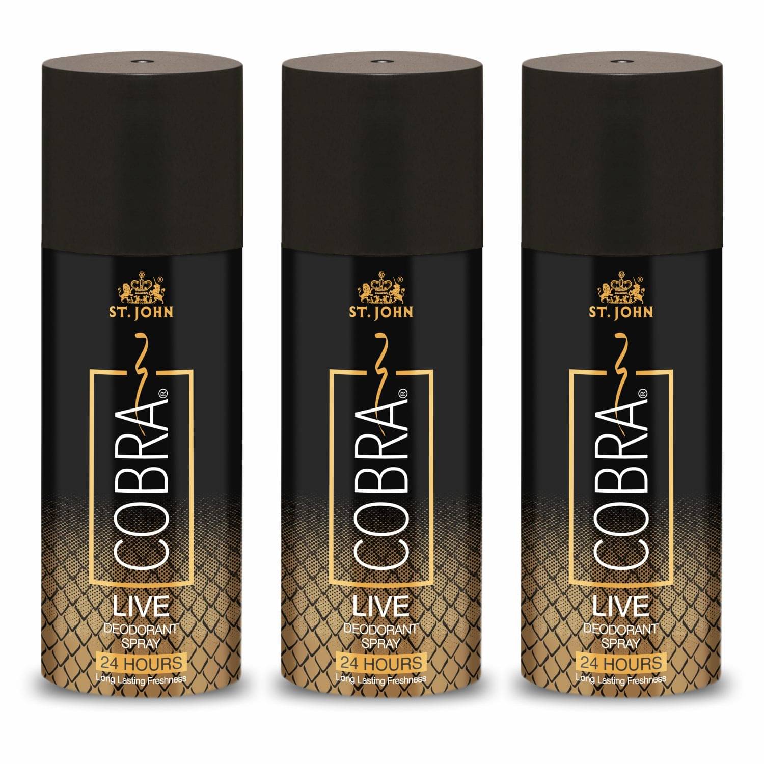 ST.JOHN Cobra Live Long Lasting Deodorant Spray for Men 150ml Each (450ml) - Pack of 3 ST.JOHN Cobra Live Long Lasting Deodorant Spray for Men 150ml Each (450ml) - Pack of 3