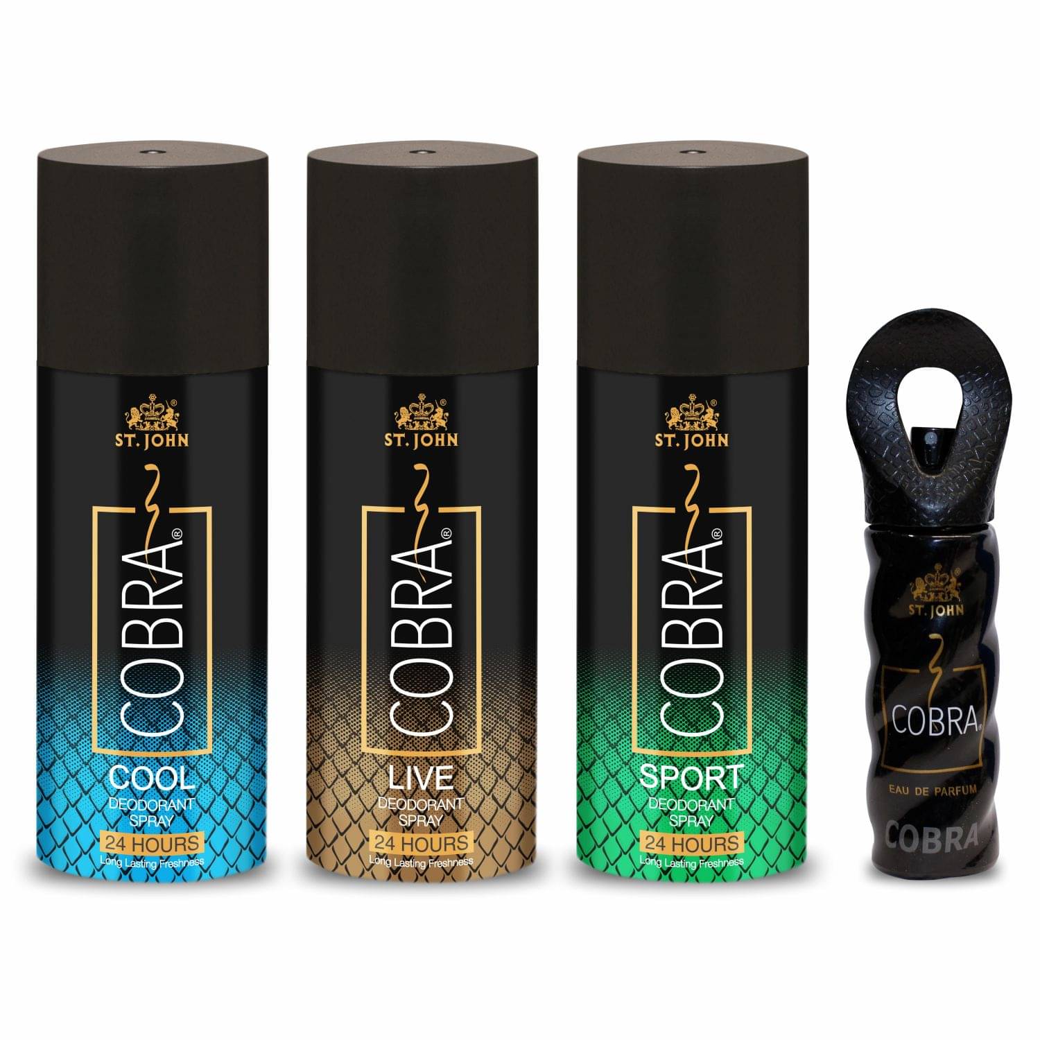 ST.JOHN Cobra Cool,Sport,Live 150ml Each & Cobra 15ml Deodorant Spray & Perfume for Men Pack of 4 ST.JOHN Cobra Cool,Sport,Live 150ml Each & Cobra 15ml Deodorant Spray & Perfume for Men Pack of 4