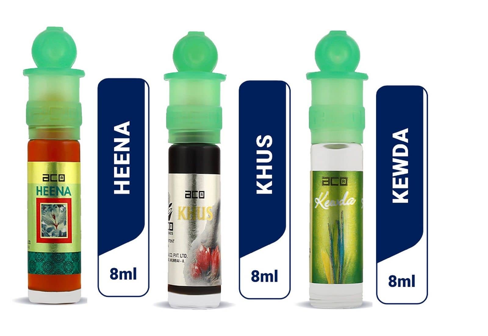 aco perfumes Heena , khus & kewda  Concentrated  Attar Roll On 8ml COMBO SET