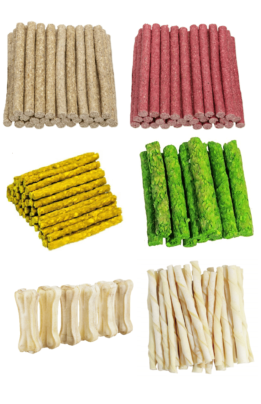     			Dog Chew Rawhide 4 Mix Munchy Stick (Chicken, Mutton, Egg, Lamb) Flavor and Twisted White Stick and Dog Chew Bone Each 50gm Pack