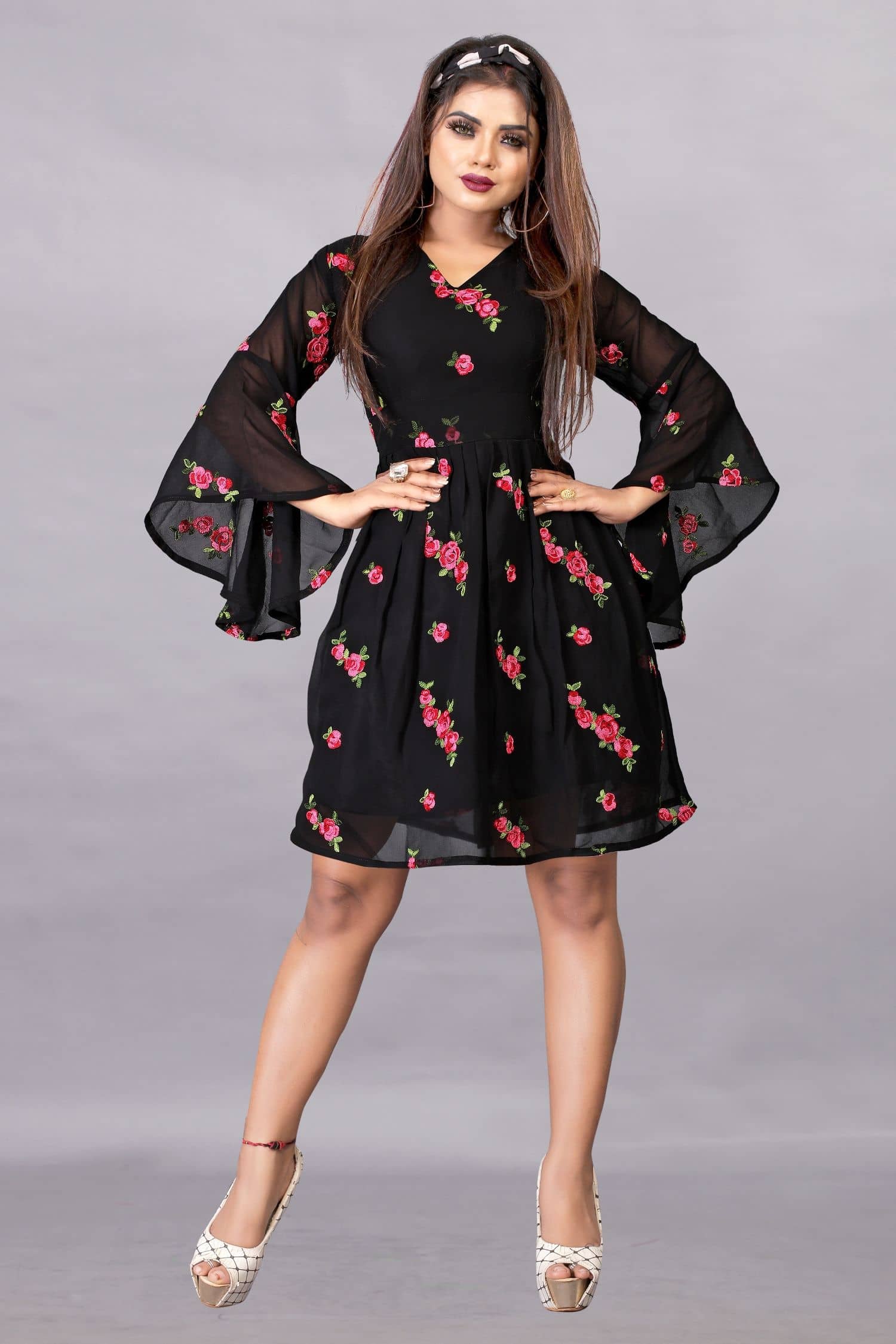Apnisha Women Georgette Printed Fit & Flare Dress ( Red )