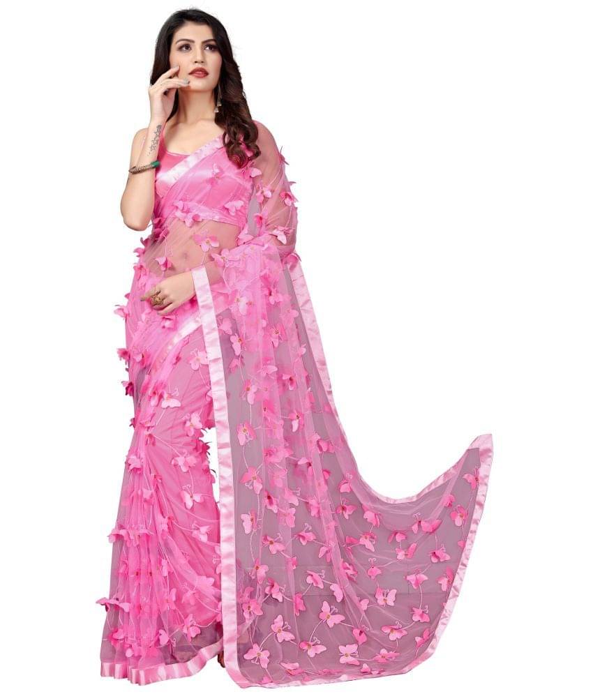     			Apnisha Net Applique Saree With Unstitched Blouse Piece ( Pink )