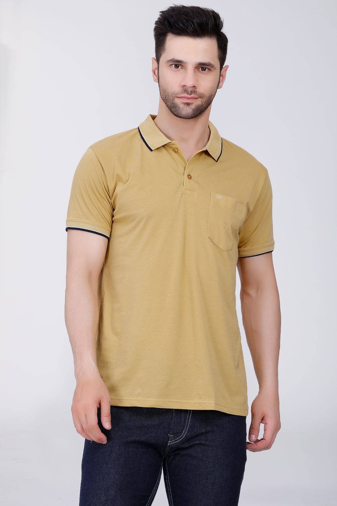 Array Pack of 1 Cotton Blend Regular Fit Solid Half Sleeves Men's Polo T Shirt ( Gold ) Array Pack of 1 Cotton Blend Regular Fit Solid Half Sleeves Men's Polo T Shirt ( Gold )