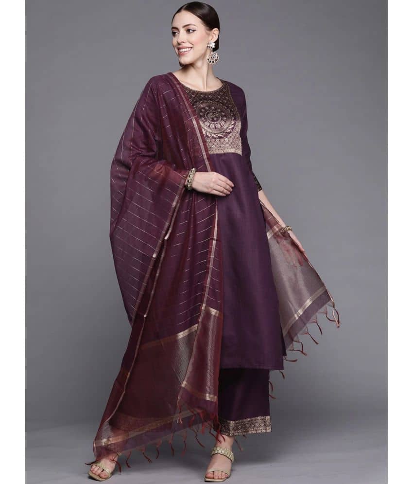 Estela - Wine Straight Cotton Women's Stitched Salwar Suit ( Pack of 1 )