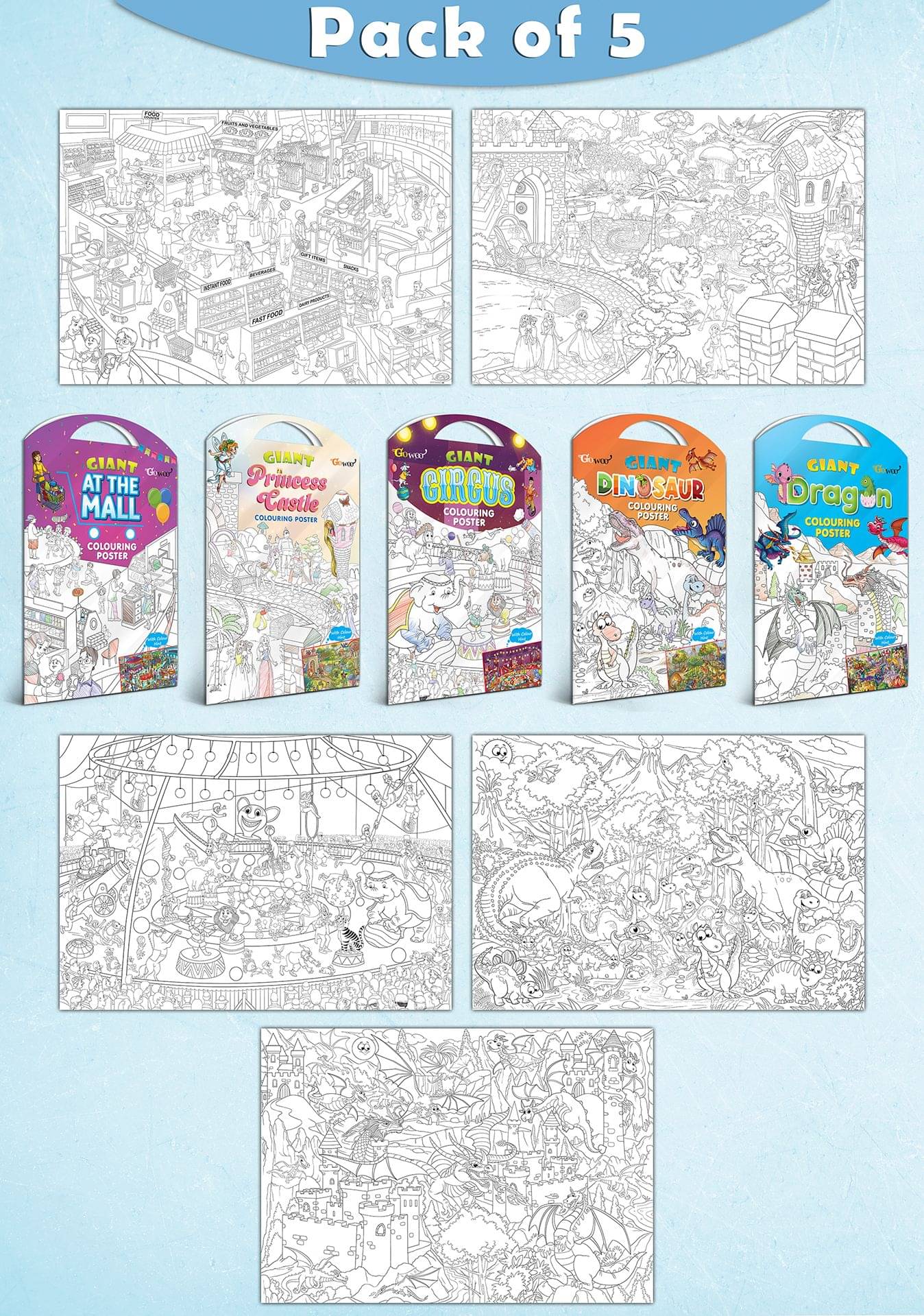 GIANT AT THE MALL COLOURING POSTER, GIANT PRINCESS CASTLE COLOURING POSTER, GIANT CIRCUS COLOURING POSTER, GIANT DINOSAUR COLOURING POSTER and GIANT DRAGON COLOURING POSTER | Set of 5 Posters I kids value gift pack GIANT AT THE MALL COLOURING POSTER, GIANT PRINCESS CASTLE COLOURING POSTER, GIANT CIRCUS COLOURING POSTER, GIANT DINOSAUR COLOURING POSTER and GIANT DRAGON COLOURING POSTER | Set of 5 Posters I kids value gift pack