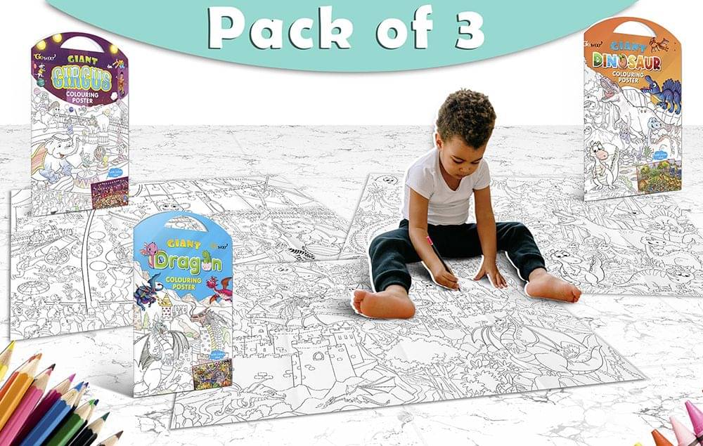     			GIANT CIRCUS COLOURING POSTER, GIANT DINOSAUR COLOURING POSTER and GIANT DRAGON COLOURING POSTER | Pack of 3 Posters I Giant Coloring Posters Mega Set