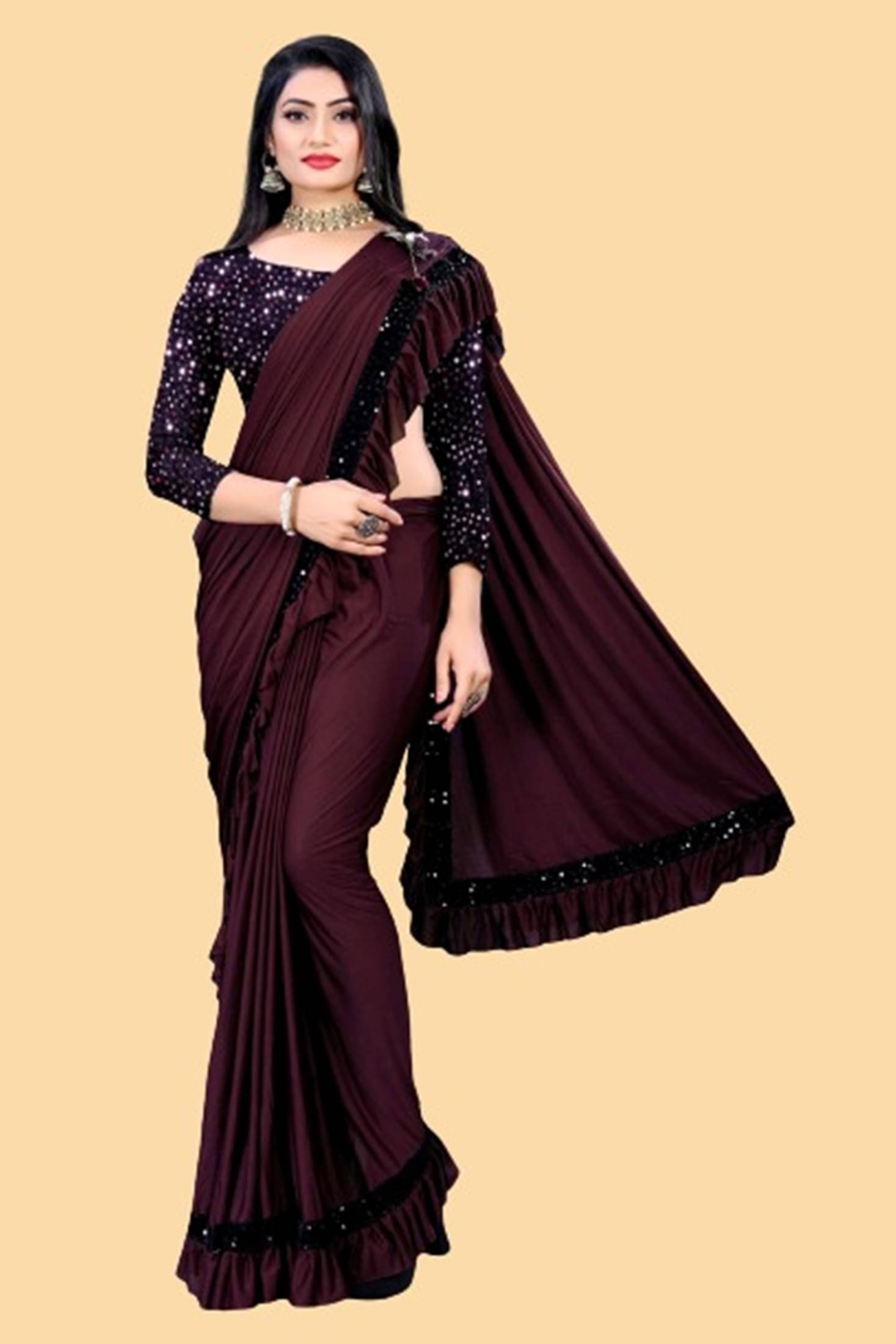     			JULEE Lycra Embellished Saree With Unstitched Blouse Piece ( Brown )