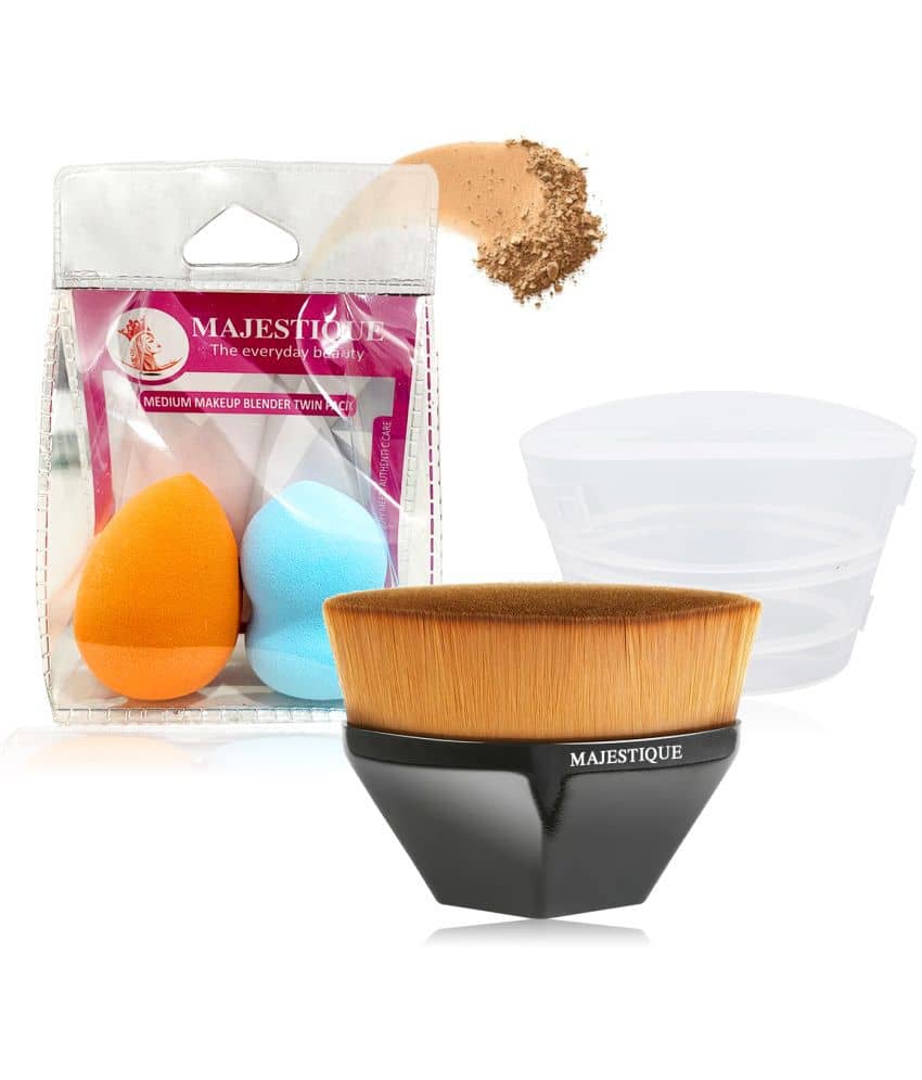 Majestique 3Pcs Set Flat Foundation Brush With Beauty Makeup Sponge, Perfect Pair