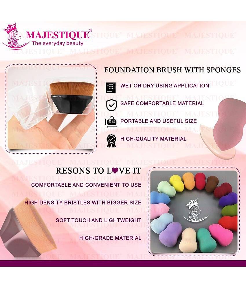 Majestique 3Pcs Set Flat Foundation Brush With Beauty Makeup Sponge, Perfect Pair