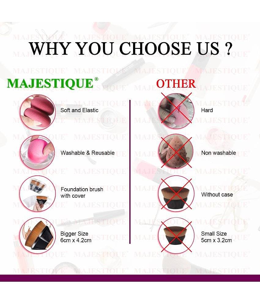 Majestique 3Pcs Set Flat Foundation Brush With Beauty Makeup Sponge, Perfect Pair