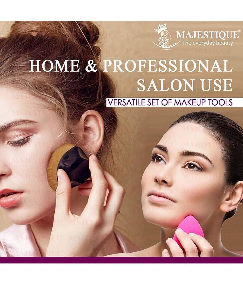 Majestique 3Pcs Set Flat Foundation Brush With Beauty Makeup Sponge, Perfect Pair