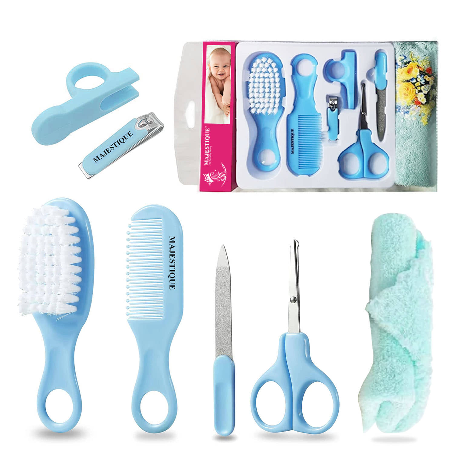 Majestique Baby Grooming Set Brush, Comb, Clipper, File & Baby Towel 7Pcs Blue