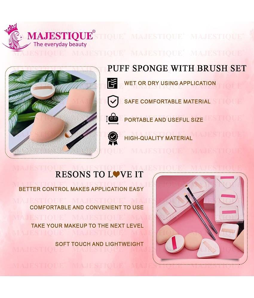 Majestique Makeup Sponge and Brush Set, Sponges with Lip and Eyeshadow Brushes, 5 Pcs
