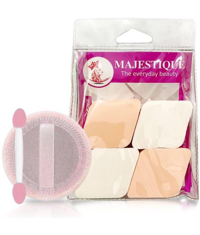 Majestique Powder Puff & Diamondshape 4Pcs Makeup Sponge For Liquid, Cream, And Powder Multicolor