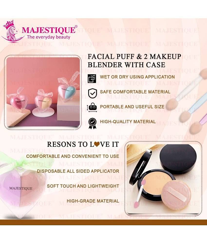 Majestique Cushion Powder Puff & Heart Shape Beauty Blender For Liquid, Cream, And Powder 3Pcs Set