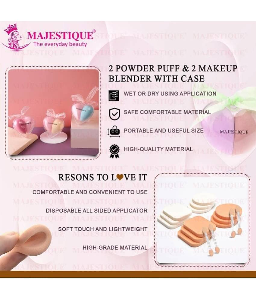 Majestique Heart Shape Beauty Blender & 2Pcs Powder Puff With Makeup Stickmulticolor