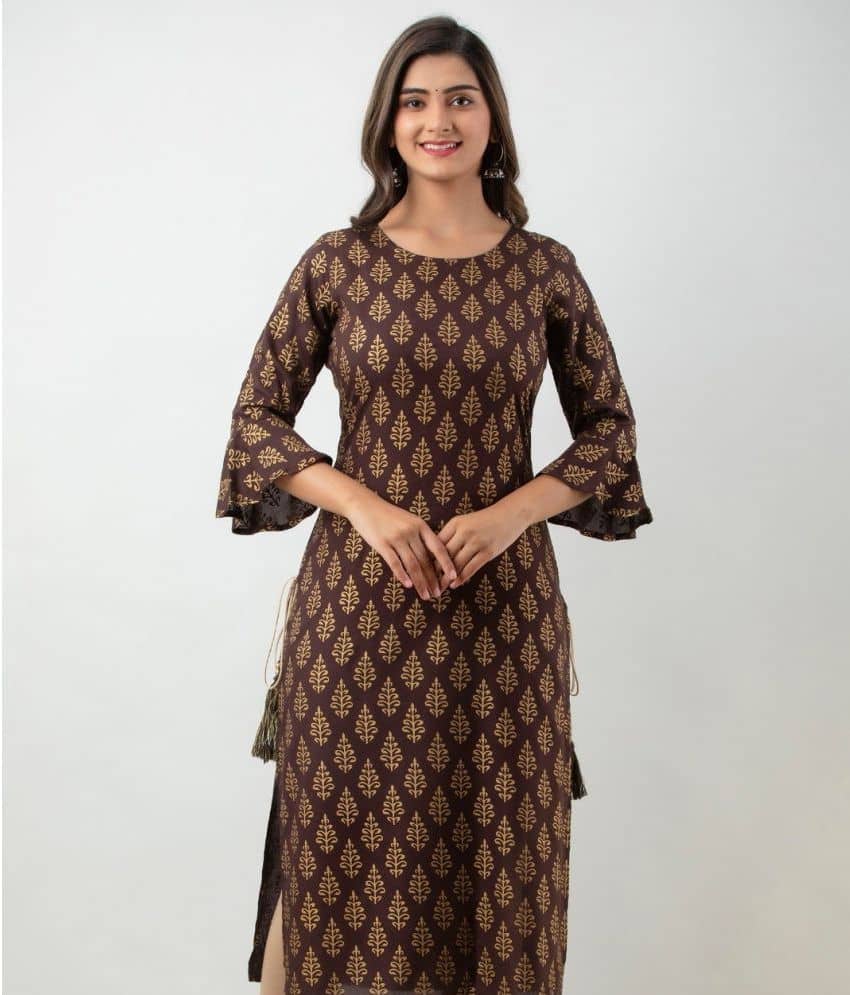 MAUKA - Brown Rayon Women's Straight Kurti ( Pack of 1 ) - Kurtis, Tunics | Buy online on ZillyBuy