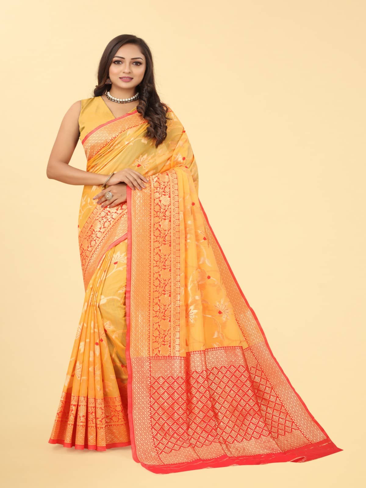 NENCY FASHION Banarasi Silk Embellished Saree With Stitched Blouse ( Gold ) - Sarees | Buy online on ZillyBuy