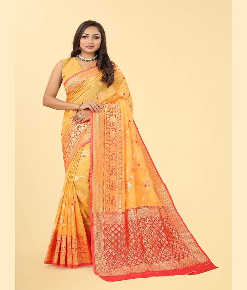 NENCY FASHION Banarasi Silk Embellished Saree With Stitched Blouse ( Gold ) - Sarees | Buy online on ZillyBuy