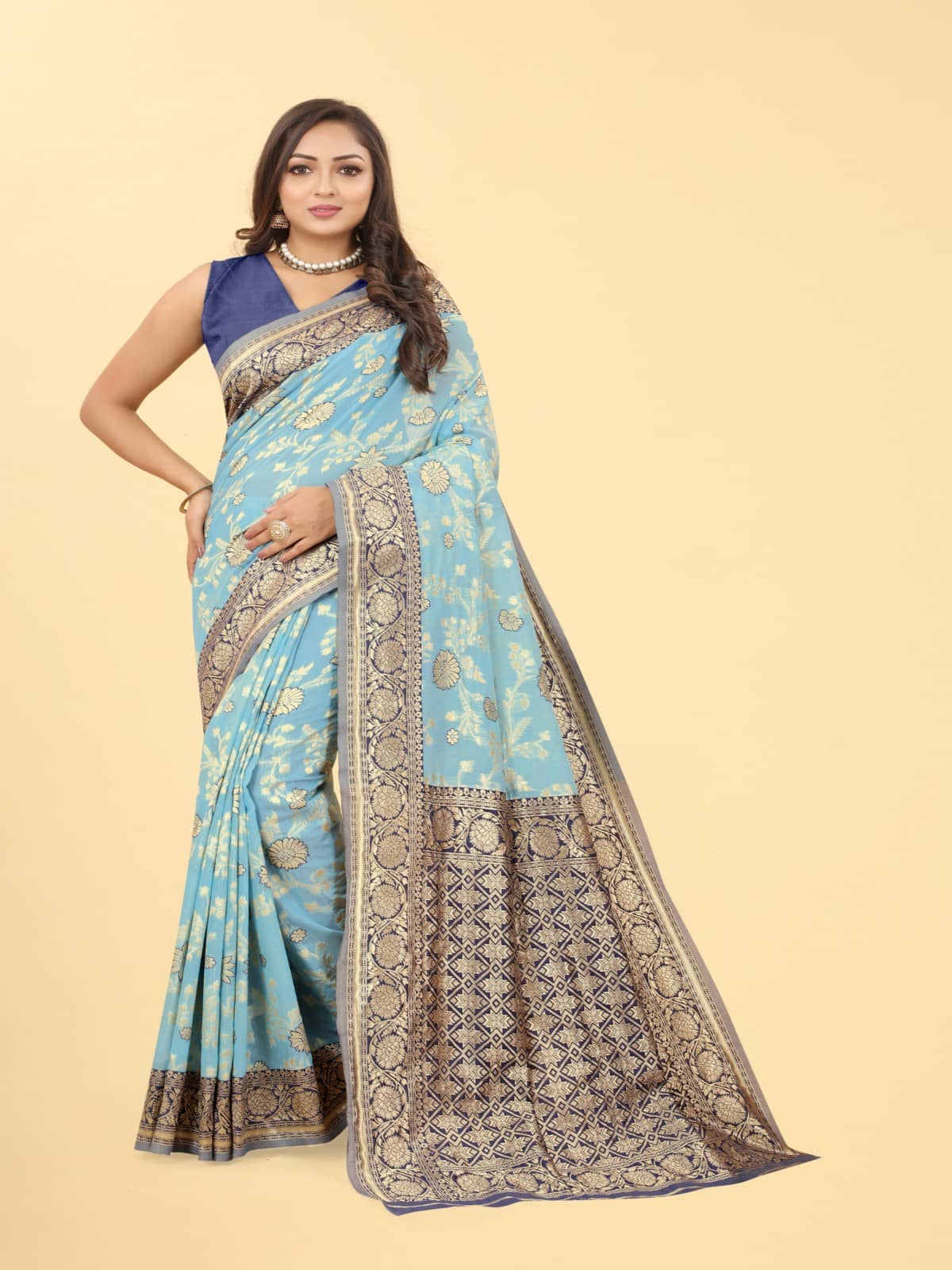 NENCY FASHION Banarasi Silk Self Design Saree With Unstitched Blouse Piece ( LightBLue ) - Sarees | Buy online on ZillyBuy