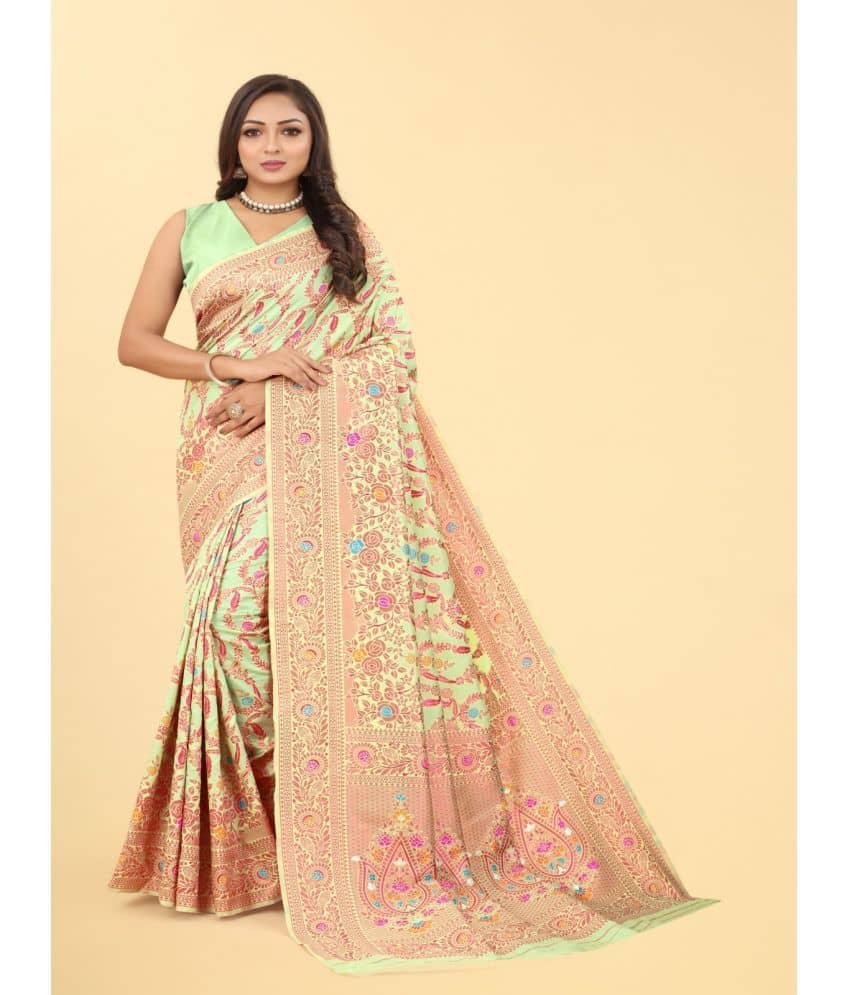 NENCY FASHION Banarasi Silk Embellished Saree With Unstitched Blouse Piece ( LightGreen ) - Sarees | Buy online on ZillyBuy