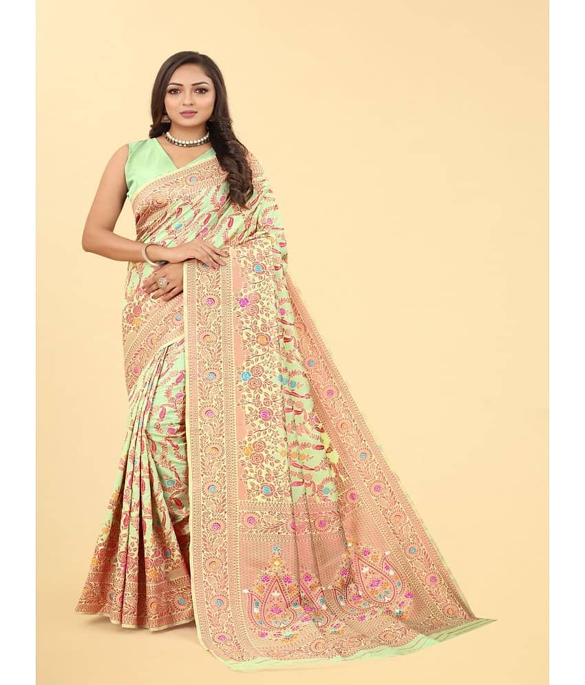 NENCY FASHION Banarasi Silk Embellished Saree With Unstitched Blouse Piece ( LightGreen ) - Sarees | Buy online on ZillyBuy