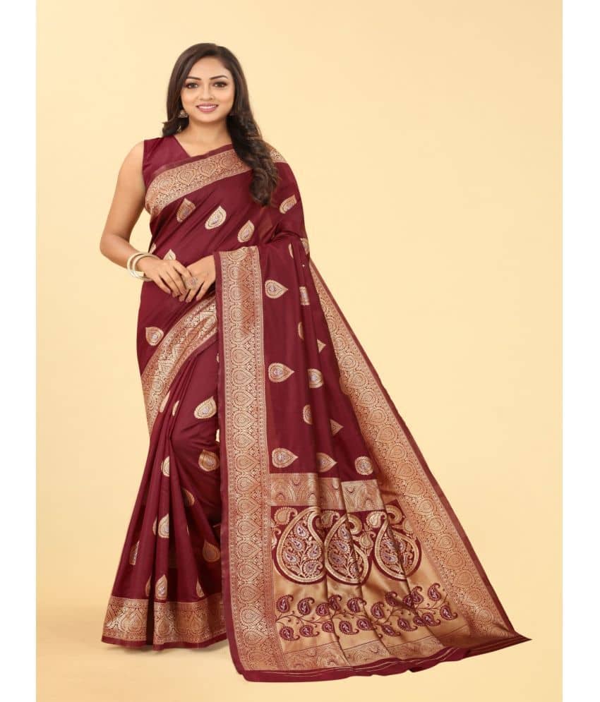 NENCY FASHION Banarasi Silk Embellished Saree With Unstitched Blouse Piece ( Maroon ) - Sarees | Buy online on ZillyBuy
