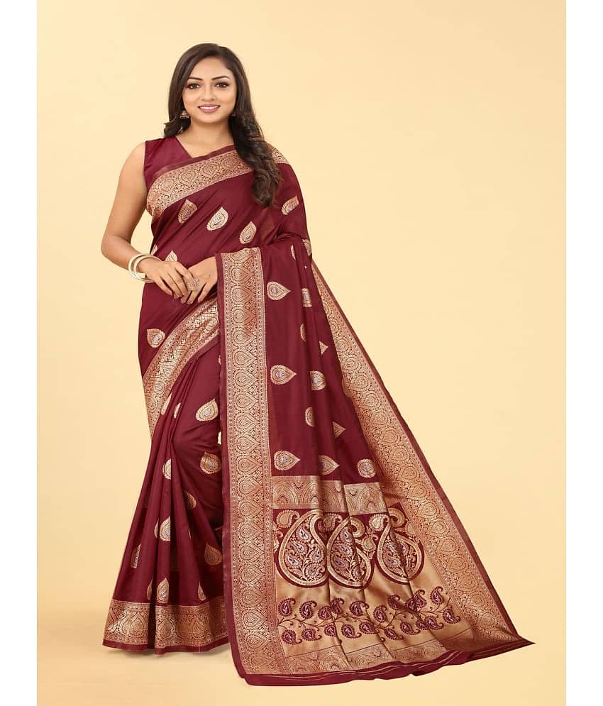 NENCY FASHION Banarasi Silk Embellished Saree With Unstitched Blouse Piece ( Maroon ) - Sarees | Buy online on ZillyBuy