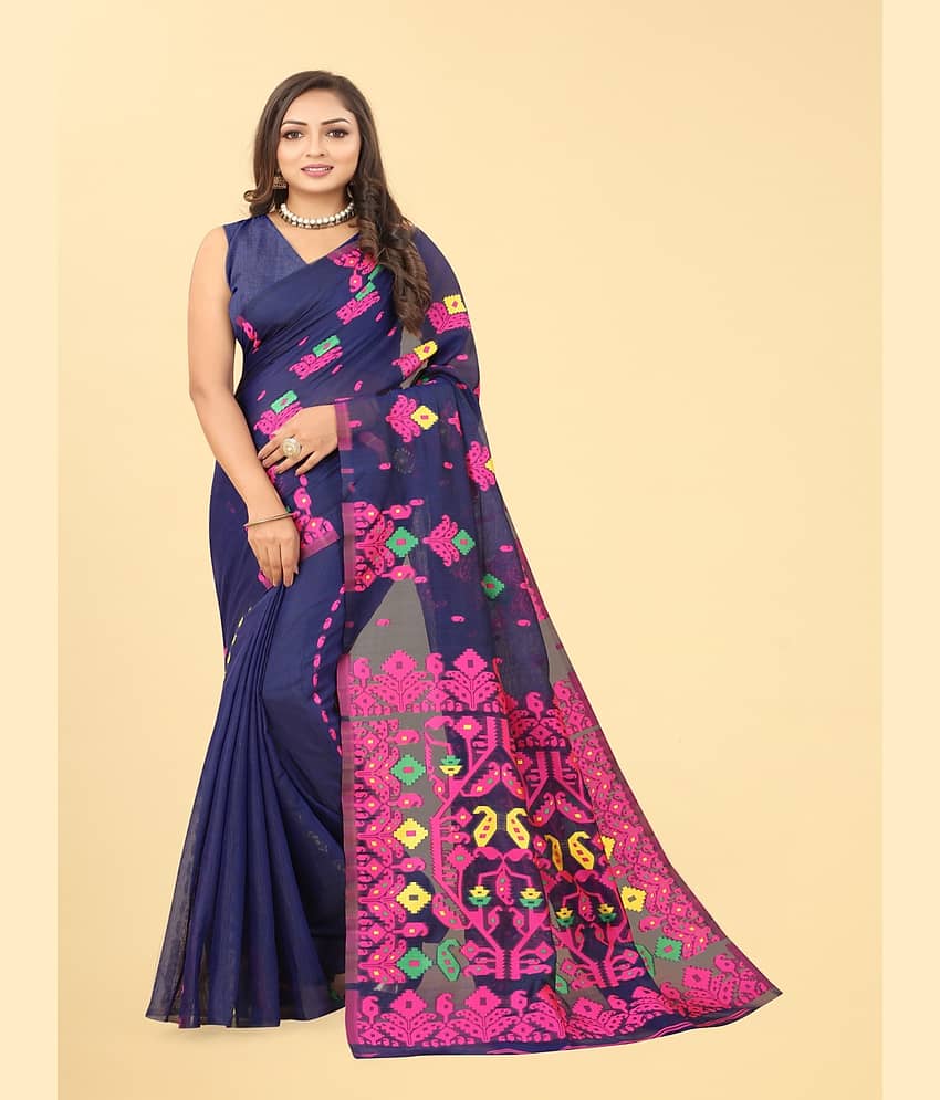 NENCY FASHION Cotton Printed Saree With Unstitched Blouse Piece ( Navy Blue ) - Sarees | Buy online on ZillyBuy