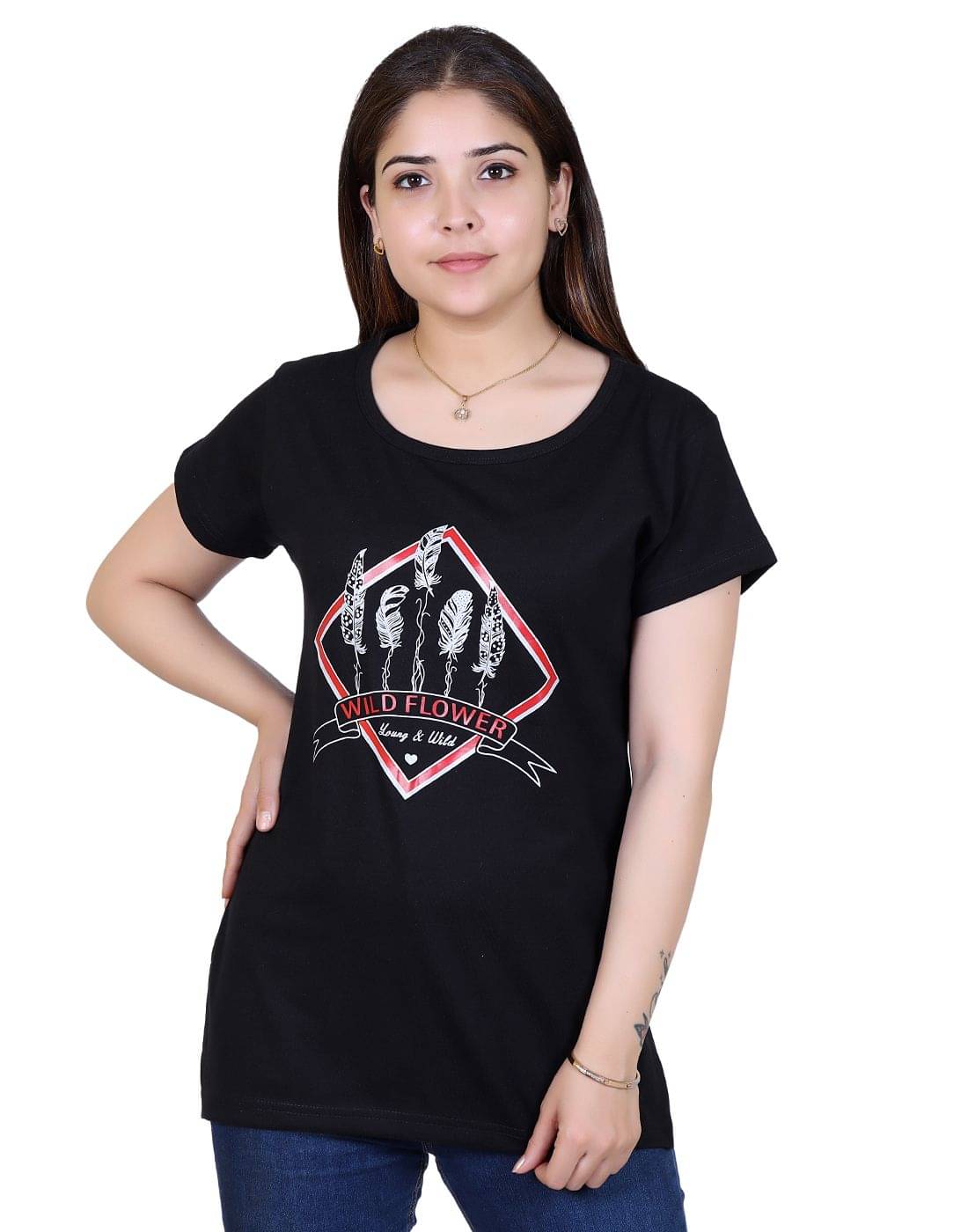Ogarti Women Cotton Blend Printed Regular Fit Round Neck T-Shirt ( Black ) Ogarti Women Cotton Blend Printed Regular Fit Round Neck T-Shirt ( Black )