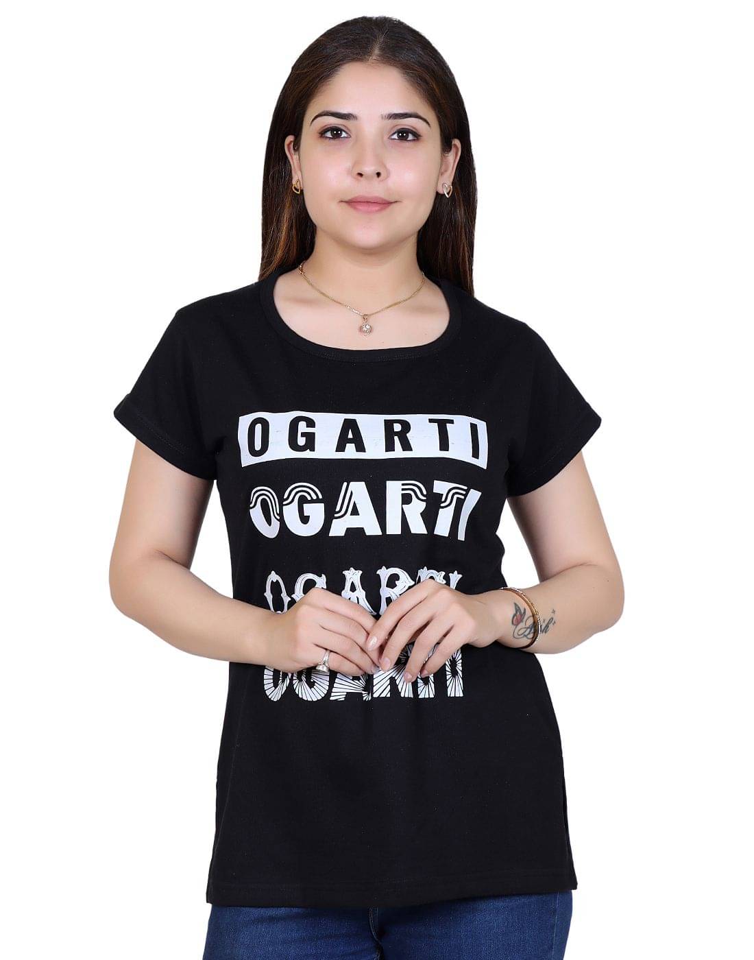 Ogarti Women Cotton Blend Printed Regular Fit Round Neck T-Shirt ( Black ) Ogarti Women Cotton Blend Printed Regular Fit Round Neck T-Shirt ( Black )