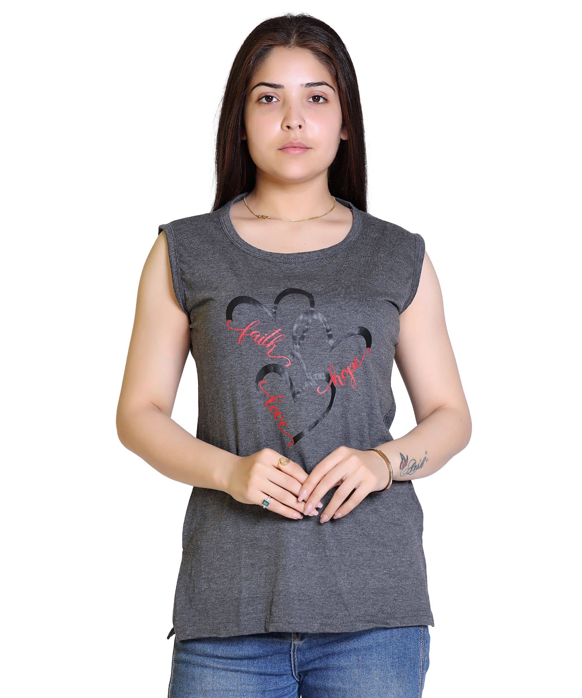 Ogarti Women Cotton Blend Printed Regular Fit Round Neck T-Shirt ( Charcoal )