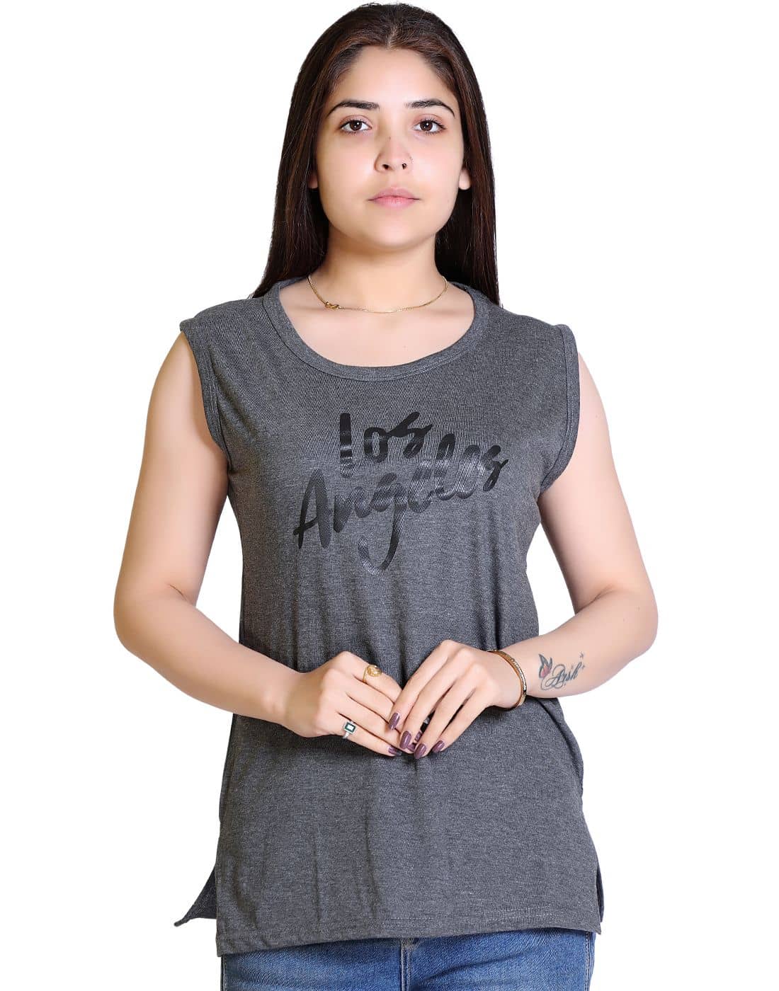 Ogarti Women Cotton Blend Printed Regular Fit Round Neck T-Shirt ( Charcoal )