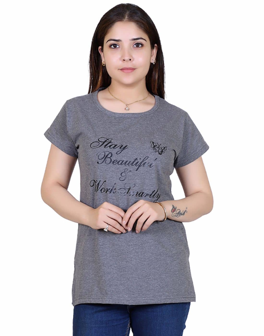 Ogarti Women Cotton Blend Printed Regular Fit Round Neck T-Shirt ( Navy )