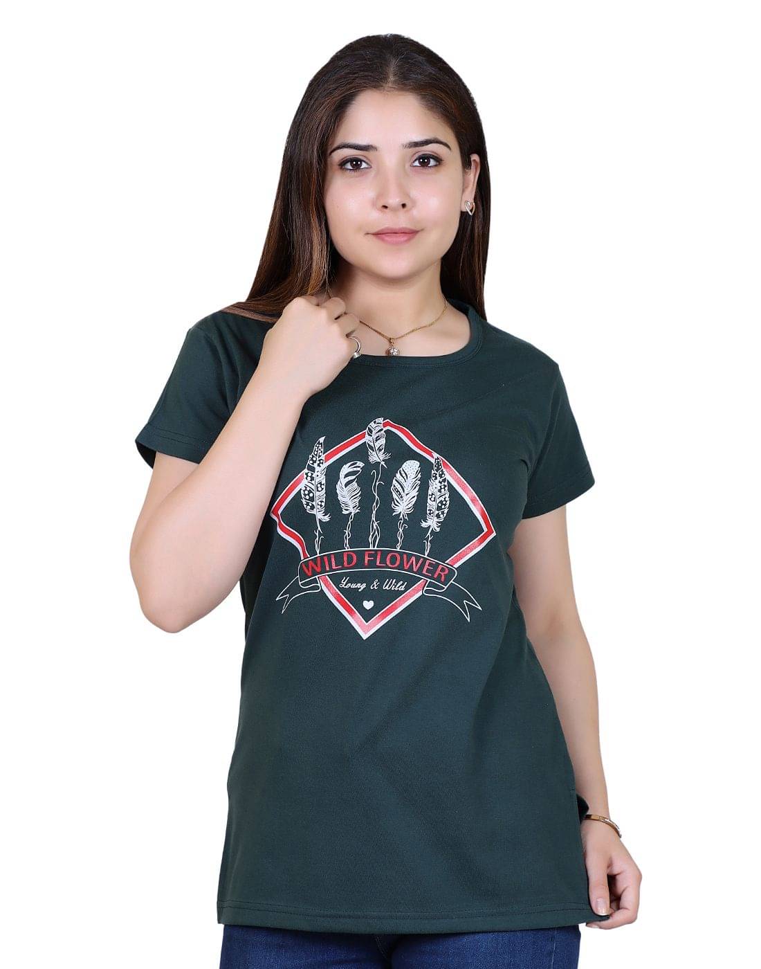 Ogarti Women Cotton Blend Printed Regular Fit Round Neck T-Shirt ( Green )     			Ogarti Women Cotton Blend Printed Regular Fit Round Neck T-Shirt ( Green )