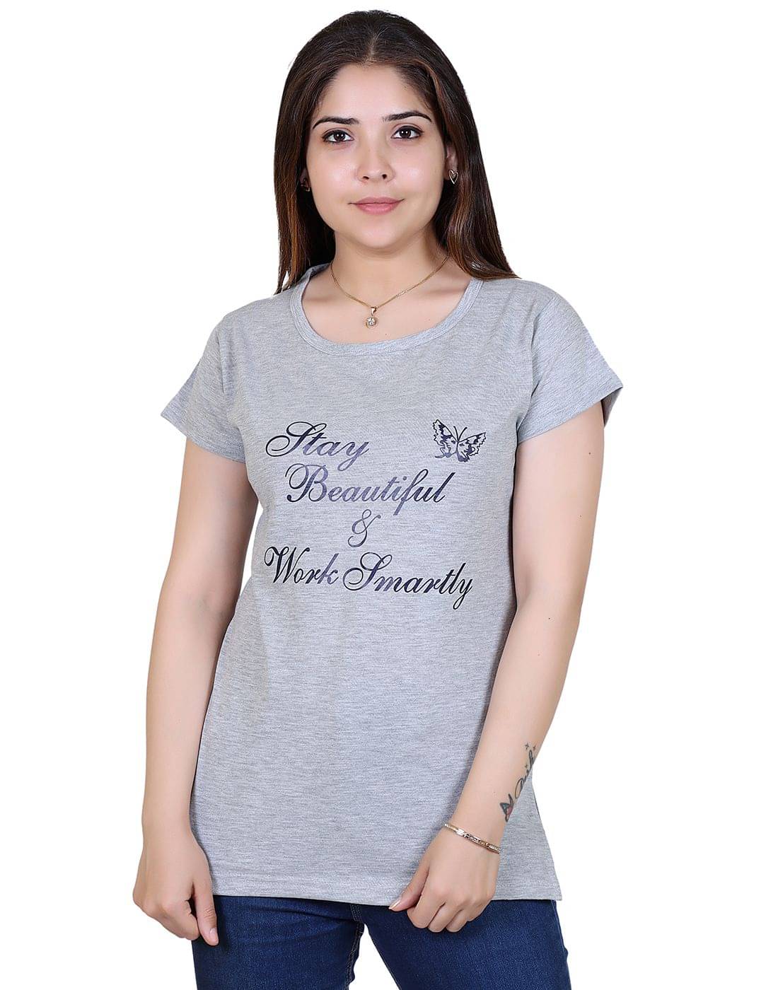     			Ogarti Women Cotton Blend Printed Regular Fit Round Neck T-Shirt ( Grey )