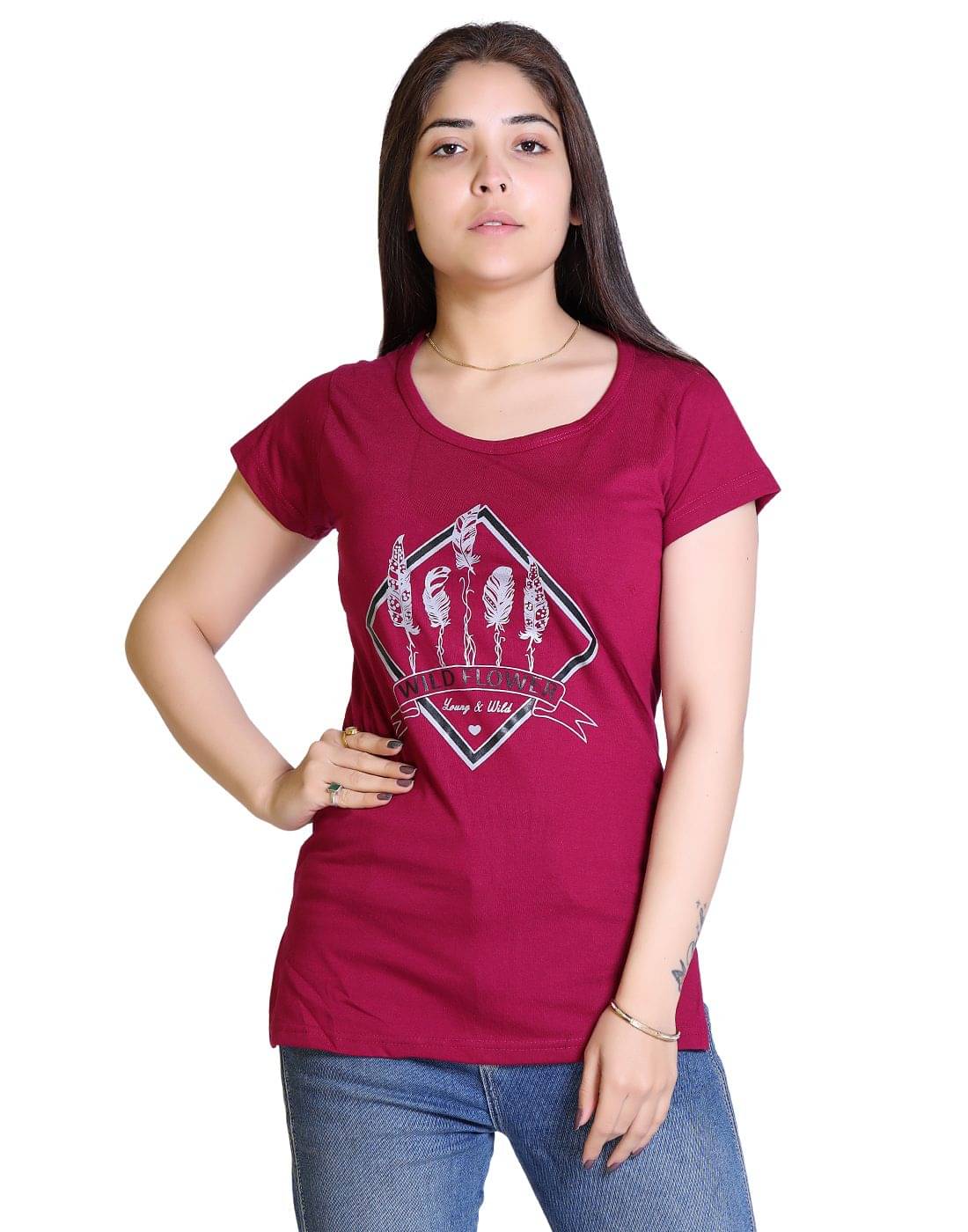     			Ogarti Women Cotton Blend Printed Regular Fit Round Neck T-Shirt ( Magenta )